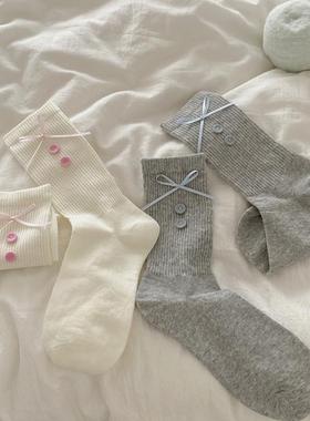 博主同款灰蓝色袜子女蝶结纽扣中筒袜韩系jk芭蕾风堆堆长袜纯棉夏