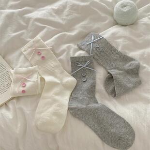 博主同款灰蓝色袜子女蝶结纽扣中筒袜韩系jk芭蕾风堆堆长袜纯棉夏
