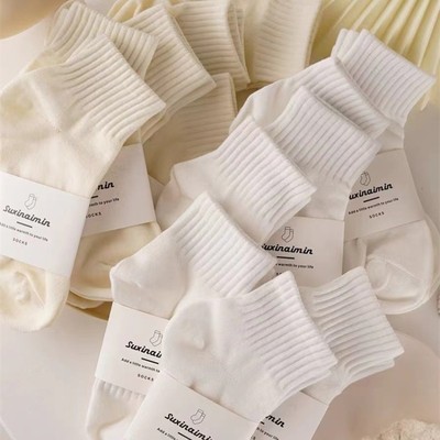 白色袜子女短袜夏季薄款纯棉吸汗透气ins潮纯色运动低帮中筒袜夏