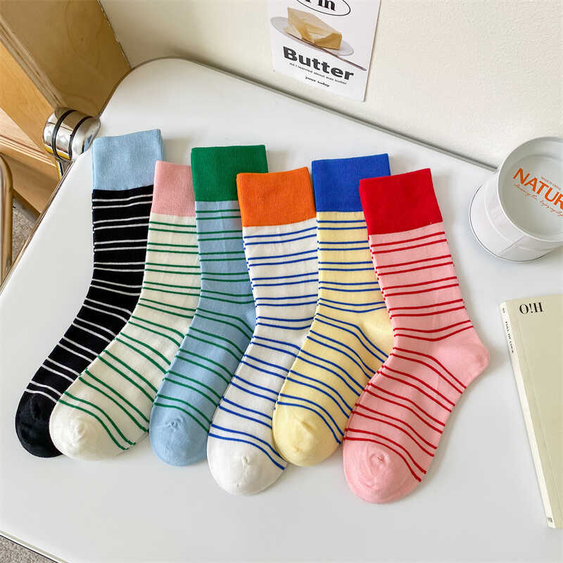 网红款撞色条纹袜子女中筒袜ins潮纯棉春秋季日系个性外穿长袜女,女士内衣/男士内衣/家居服,中筒袜,淘宝优惠券,粉丝福利购,淘宝优惠卷