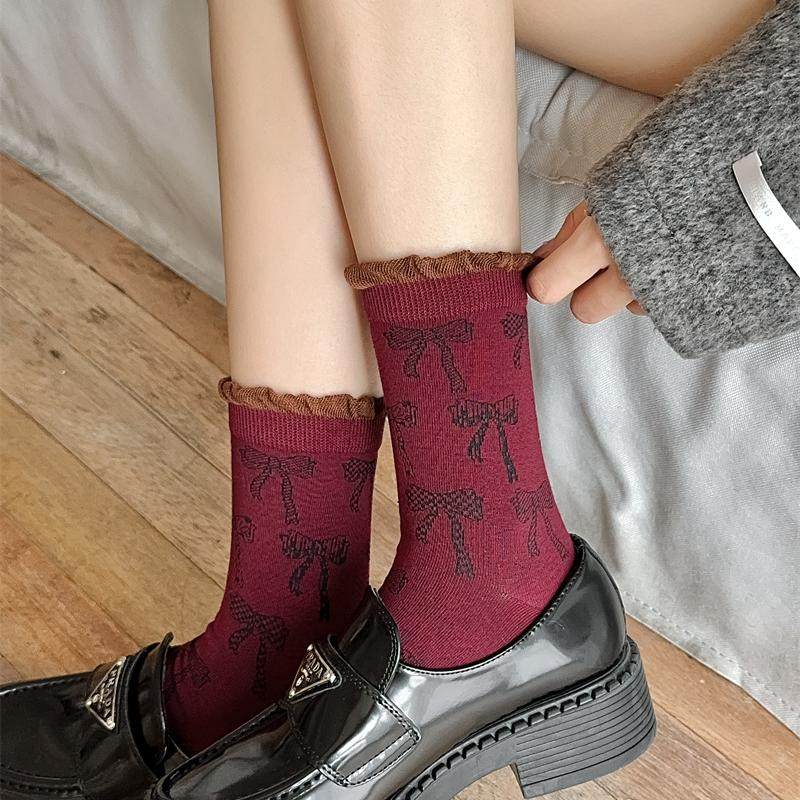 2024安可拉红袜子女中筒袜纯棉春秋季ins潮蝴蝶结复古酒红堆堆袜,女士内衣/男士内衣/家居服,中筒袜,淘宝优惠券,粉丝福利购,淘宝优惠卷