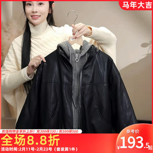 童装男童冬季加绒皮衣时尚帅气男孩假两件连帽外套中大童保暖冬装