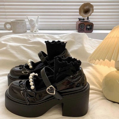 2025新款春秋黑色英伦风百搭高跟厚底小皮鞋女一字扣增高乐福单鞋