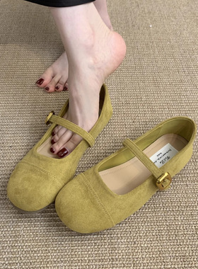 红色单鞋女2025秋季新款法式复古温柔仙女绒面玛丽珍鞋平底豆豆鞋