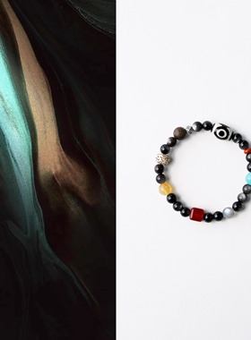 QIANTAO「格桑」原创中式天然银黑曜石水晶手串多宝国风情侣礼物