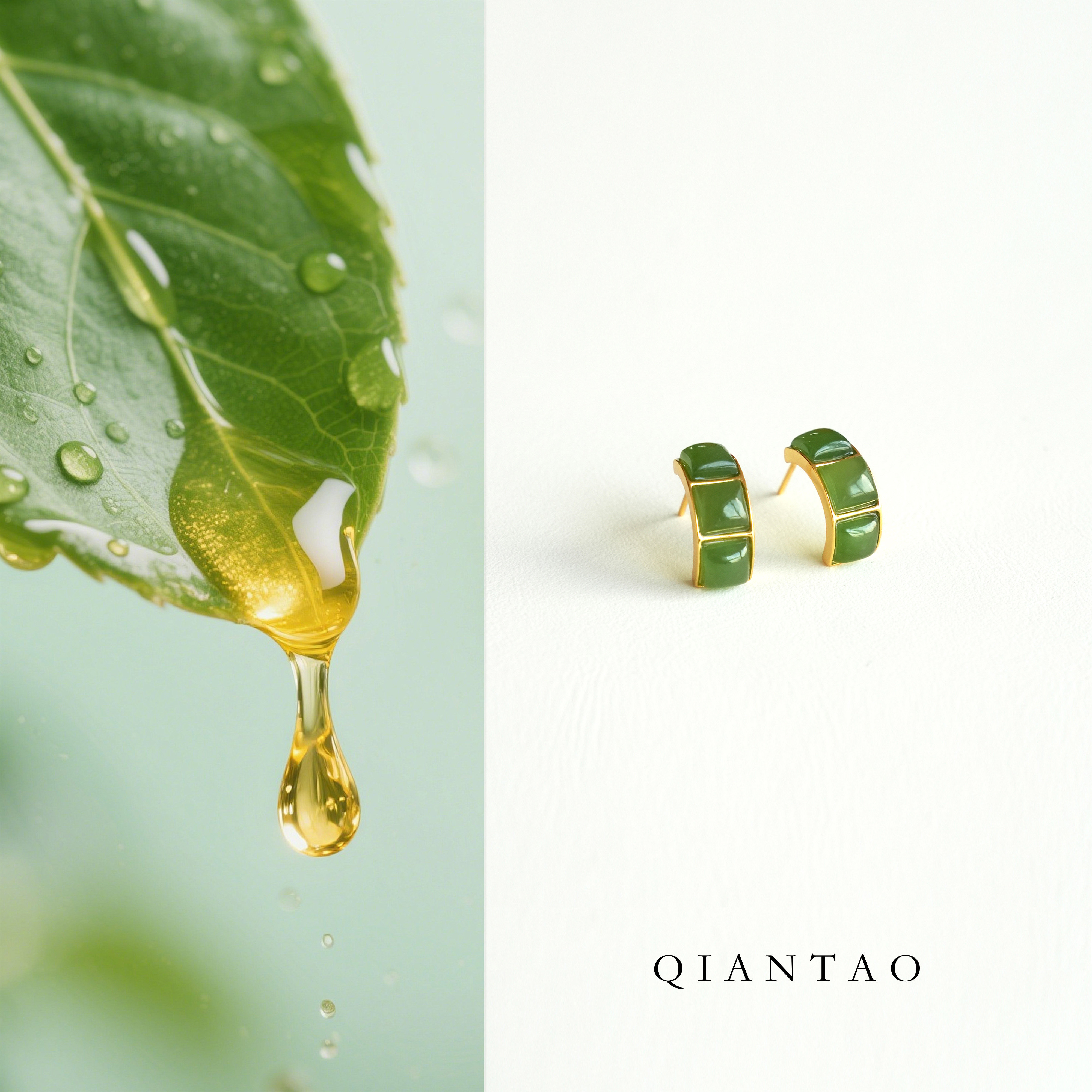QIANTAO碧玉耳钉银度18k金耳饰天然和田玉绿色耳环生日母亲节礼物