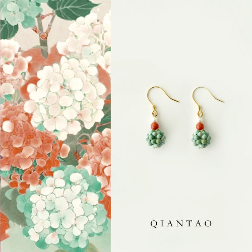 QIANTAO「无尽夏」原创新中式手工原矿绿松南红耳环耳夹气质礼物