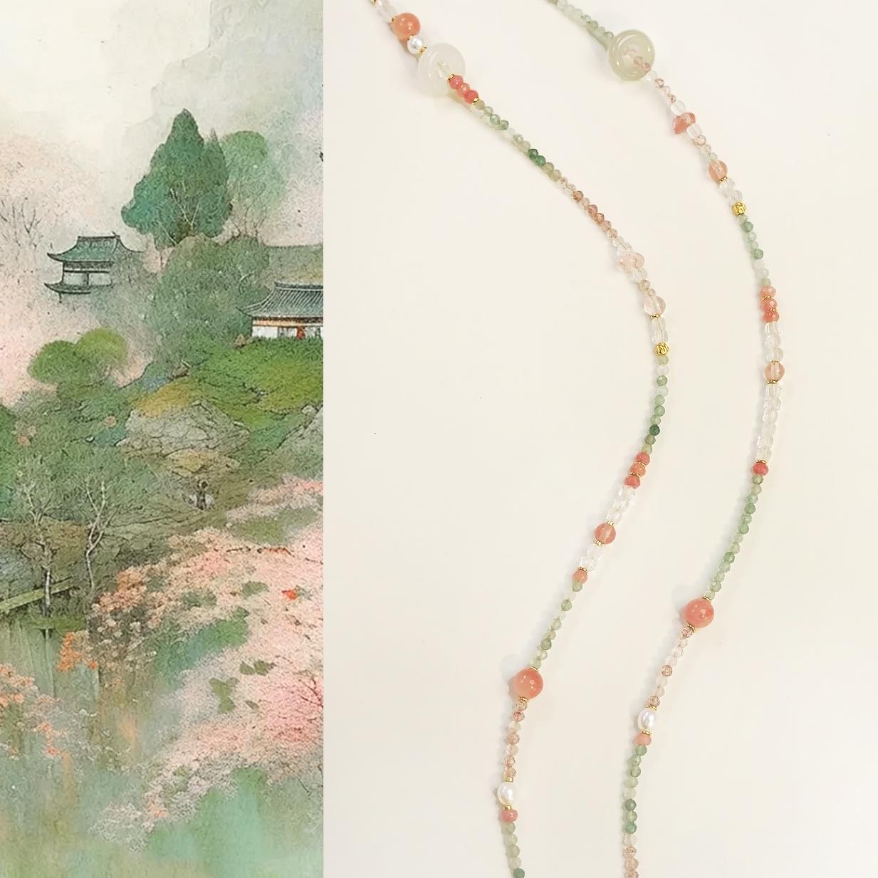 QIANTAO「芳菲」原创国风新中式草莓粉绿水晶和田玉项链女生礼物
