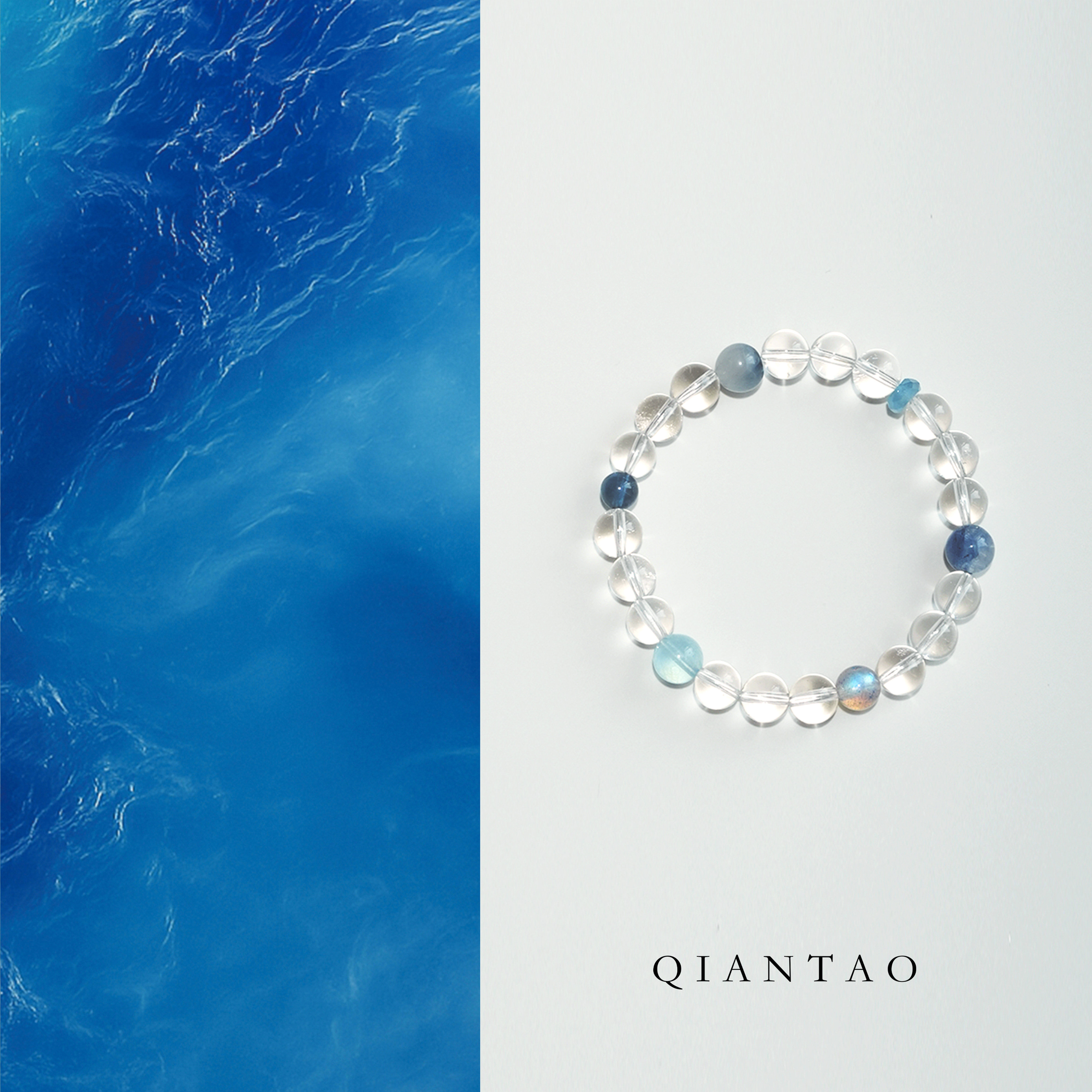 QIANTAO「半夏蓝」原创天然高净体白水晶海蓝宝好运手串情侣礼物