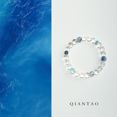 QIANTAO「半夏蓝」原创天然高净体白水晶海蓝宝好运手串情侣礼物