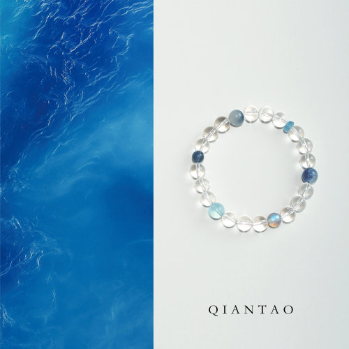 QIANTAO「半夏蓝」原创天然高净体白水晶海蓝宝好运手串情侣礼物