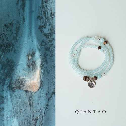 QIANTAO「清晨」原创天然海蓝宝沉香多宝好运多圈手串女项链礼物