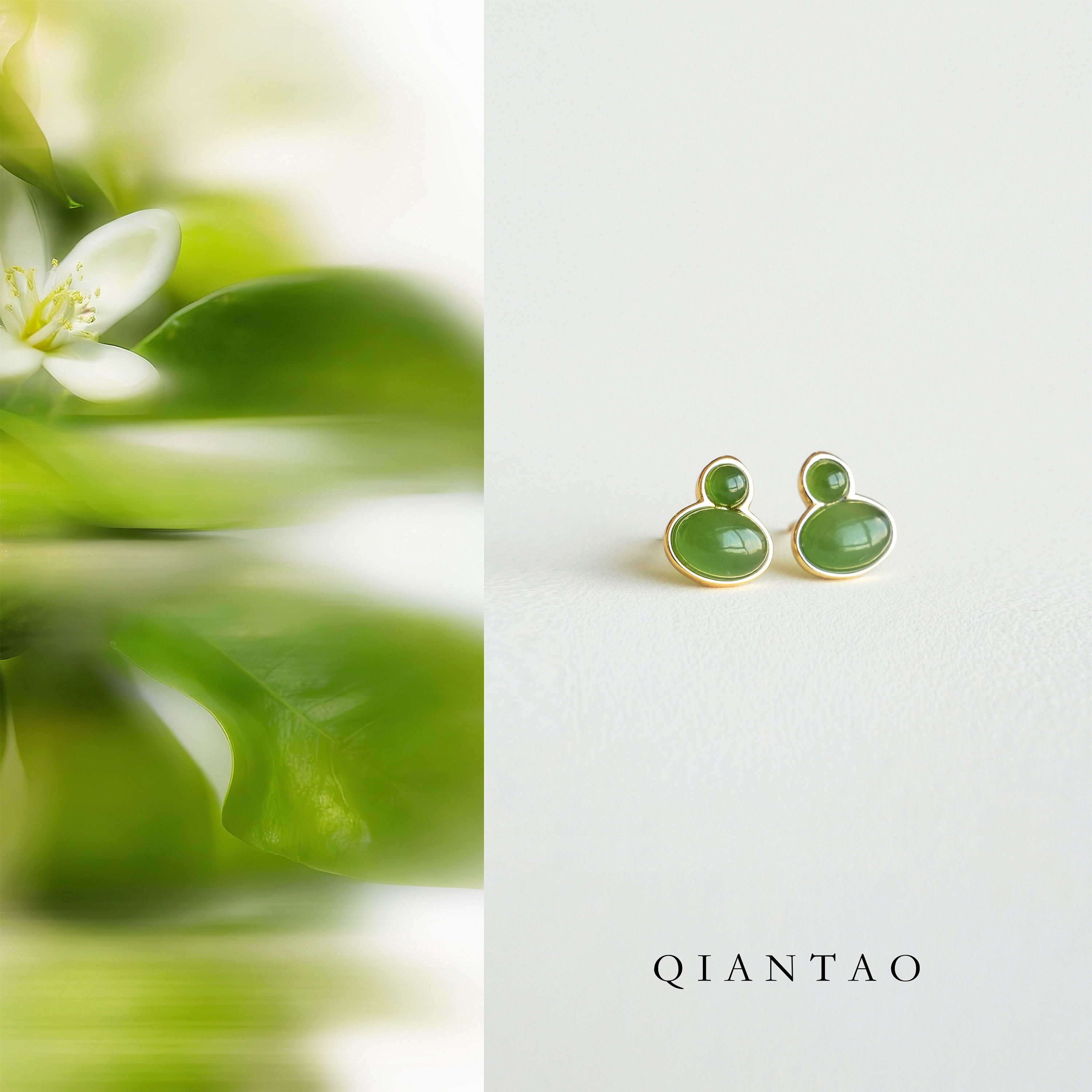QIANTAO碧玉耳钉银度18k金耳饰天然和田玉绿色耳环生日母亲节礼物