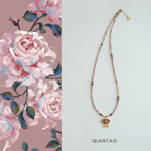QIANTAO「如愿」原创国风天然红纹石碧玺项链925银度珐琅金平安锁