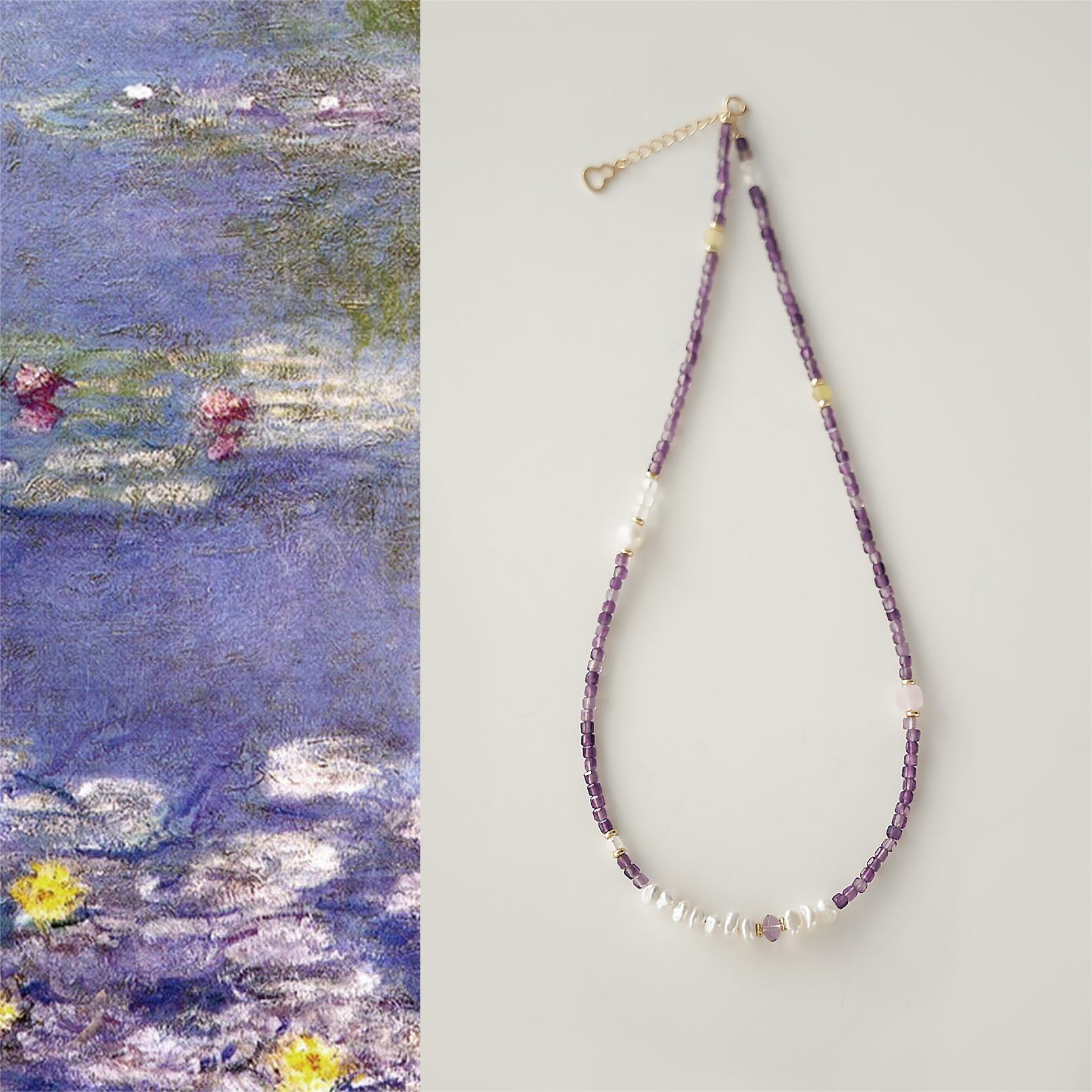 QIANTAO「风信」原创油画天然紫水晶花瓣珍珠项链女生锁骨链礼物