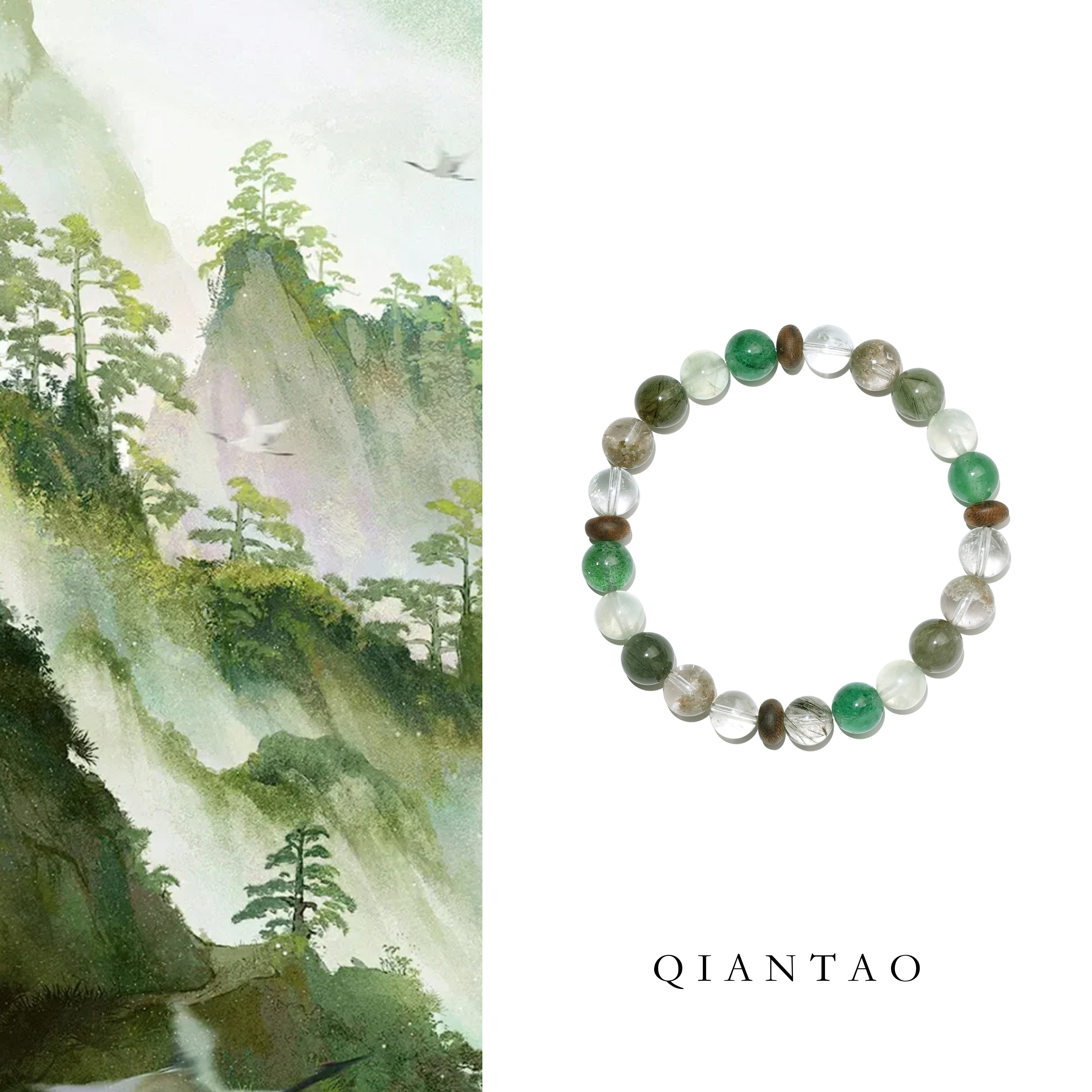 QIANTAO「梧」原创天然绿幽灵招财手串补木绿色水晶手链情侣礼物