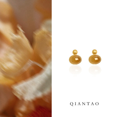 QIANTAO「 秋珀」和田玉糖玉耳钉18k金耳饰天然生日母亲节礼物