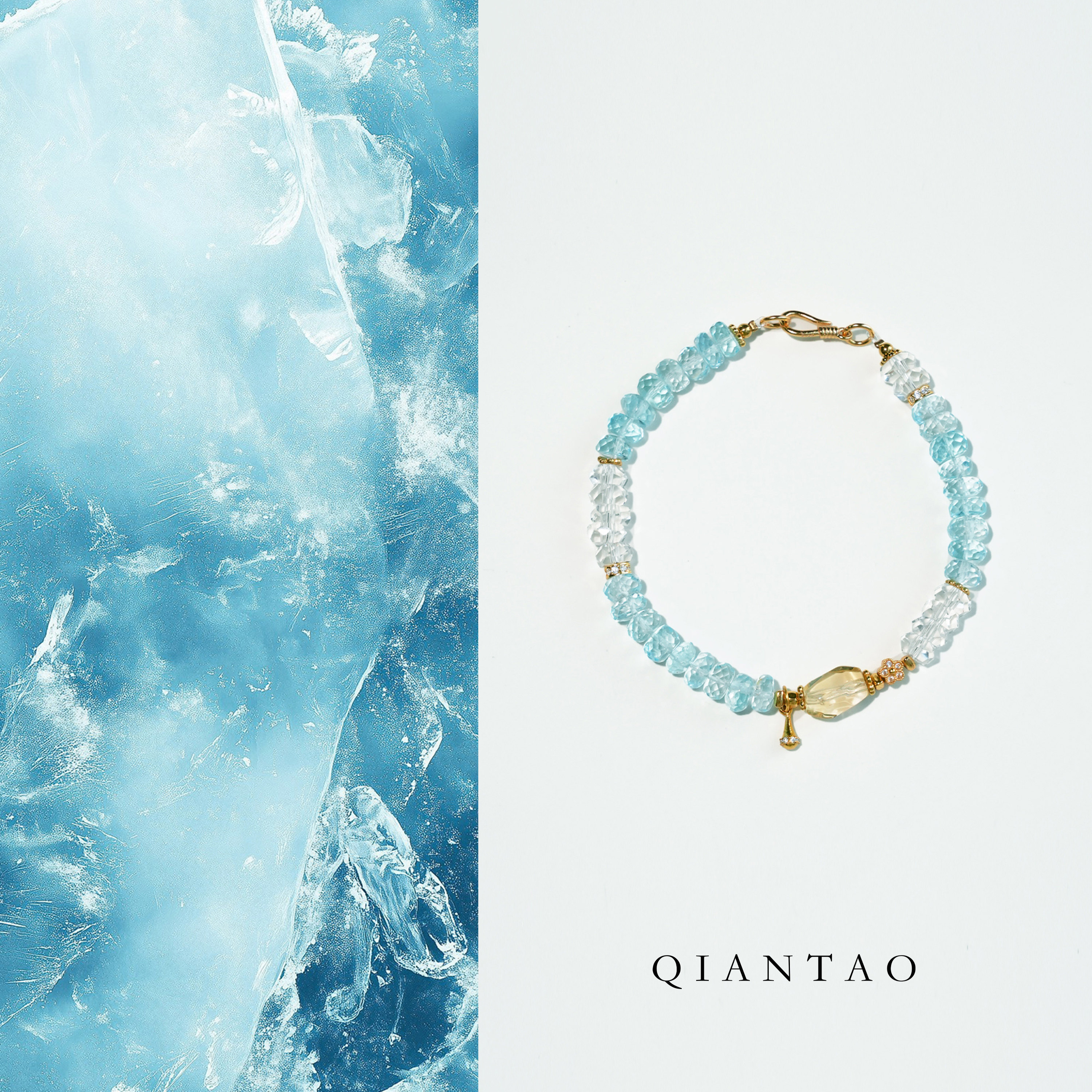 QIANTAO「蓝屿」原创天然高净体蓝托帕白水晶手链黄水晶女生礼物