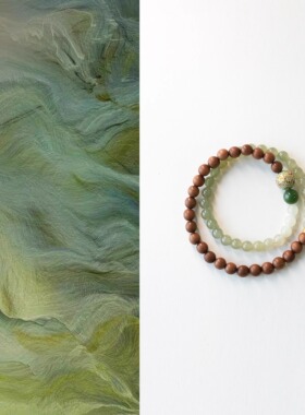 QIANTAO「梨春雪」原创天然老山檀木和田玉手串大漆手链多圈礼物