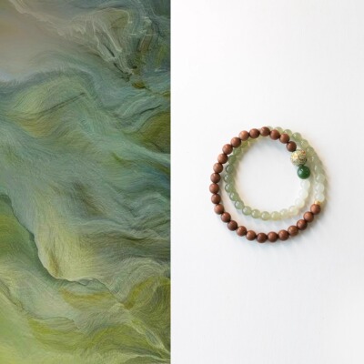 QIANTAO「梨春雪」原创天然老山檀木和田玉手串大漆手链多圈礼物