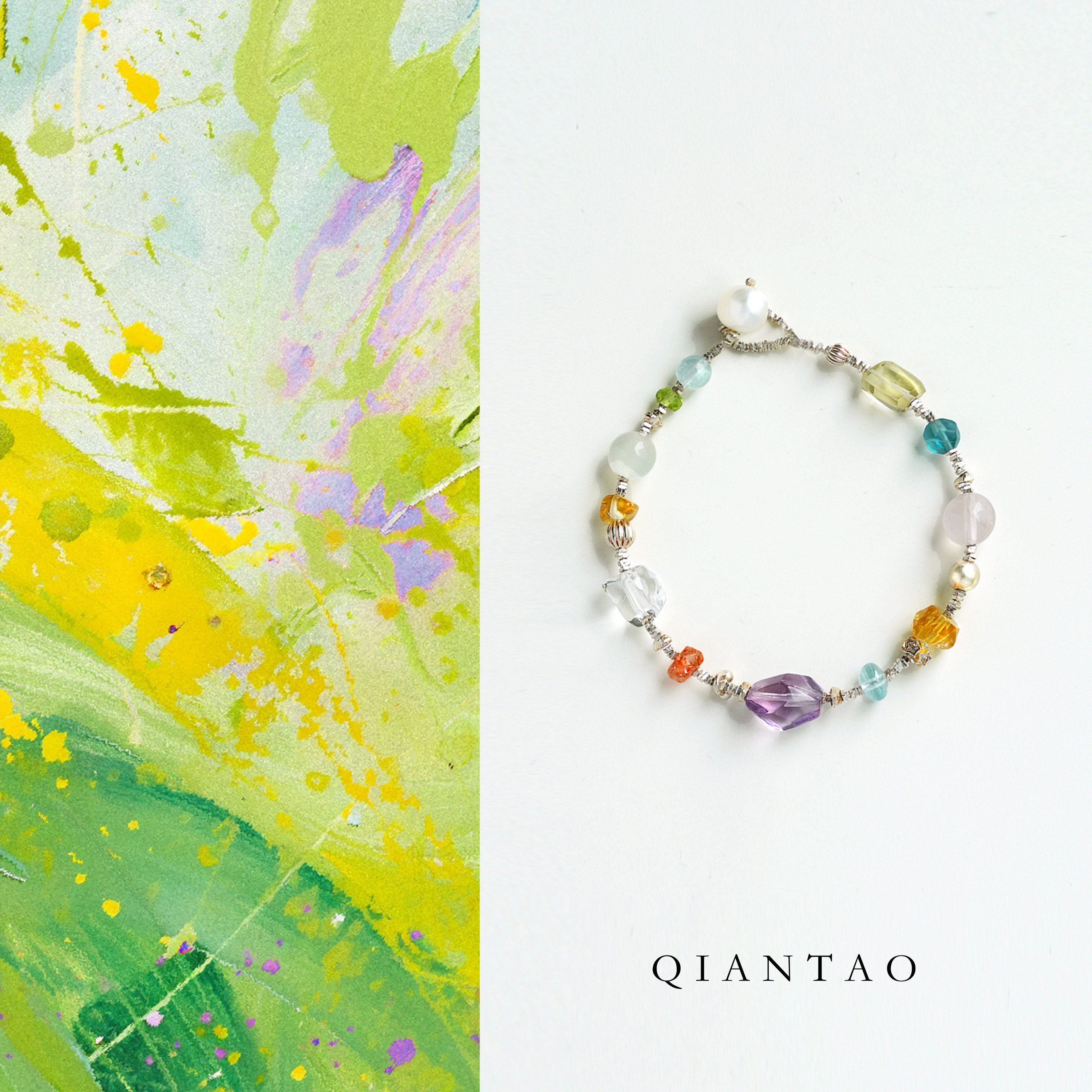 QIANTAO「郁枝」原创天然白水晶蓝托帕高净体多宝水晶银手链礼物