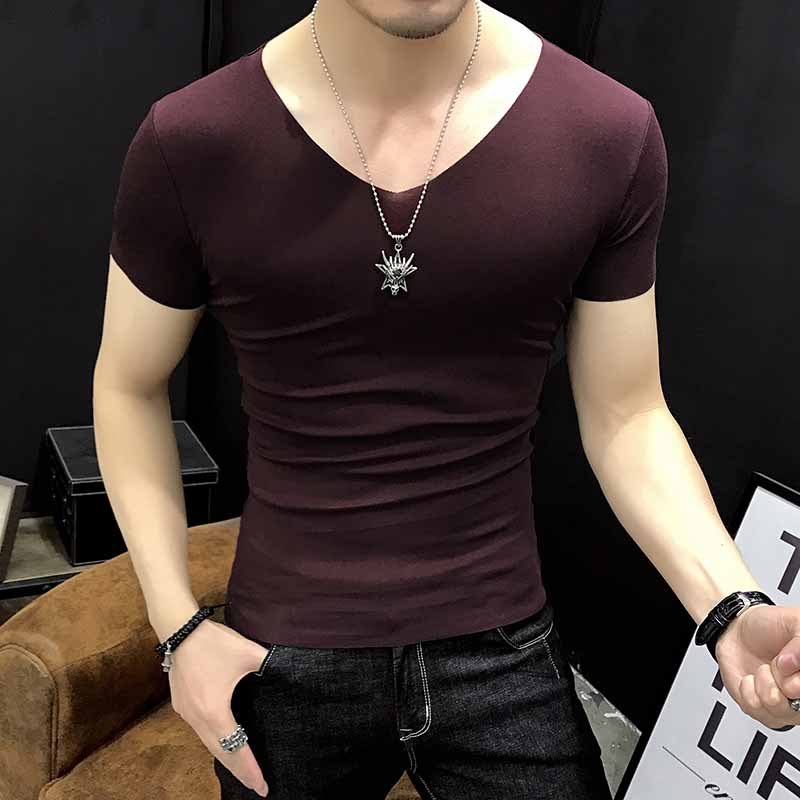 弹力短袖T恤男装 夏季纯色半截袖青年肌肉男v领无痕紧身修身上衣