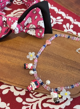 蓝红色KT猫咪KITTY度假短款项链