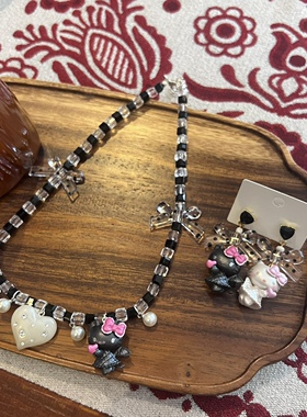 日韩biling闪亮水晶项链复古黑白天使kt猫咪短款颈链个性卡通女