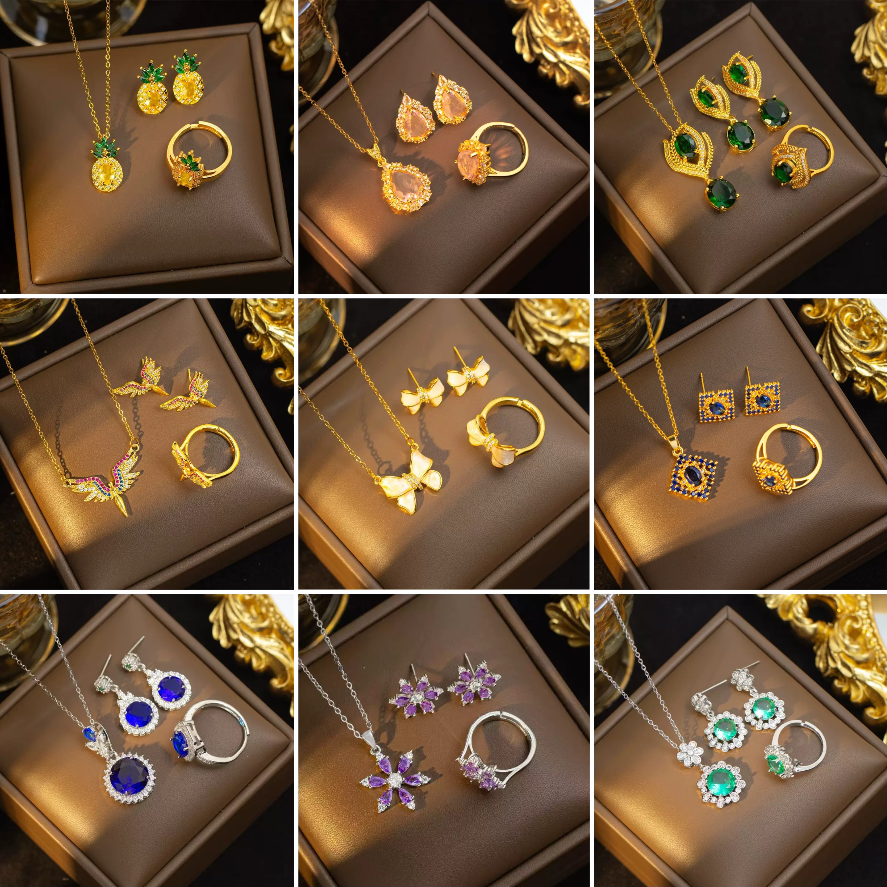 【钛钢】防掉色防过敏锆石菠萝粉钻绿钻项链耳钉开口戒指套装