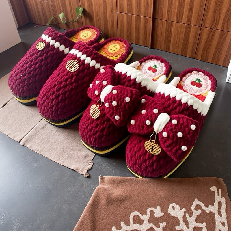 （两双装）婚嫁手工拖鞋成品蝴蝶结花朵款大红色现货橡胶底冰条线,女鞋,婚鞋,淘宝优惠券,粉丝福利购,淘宝优惠卷