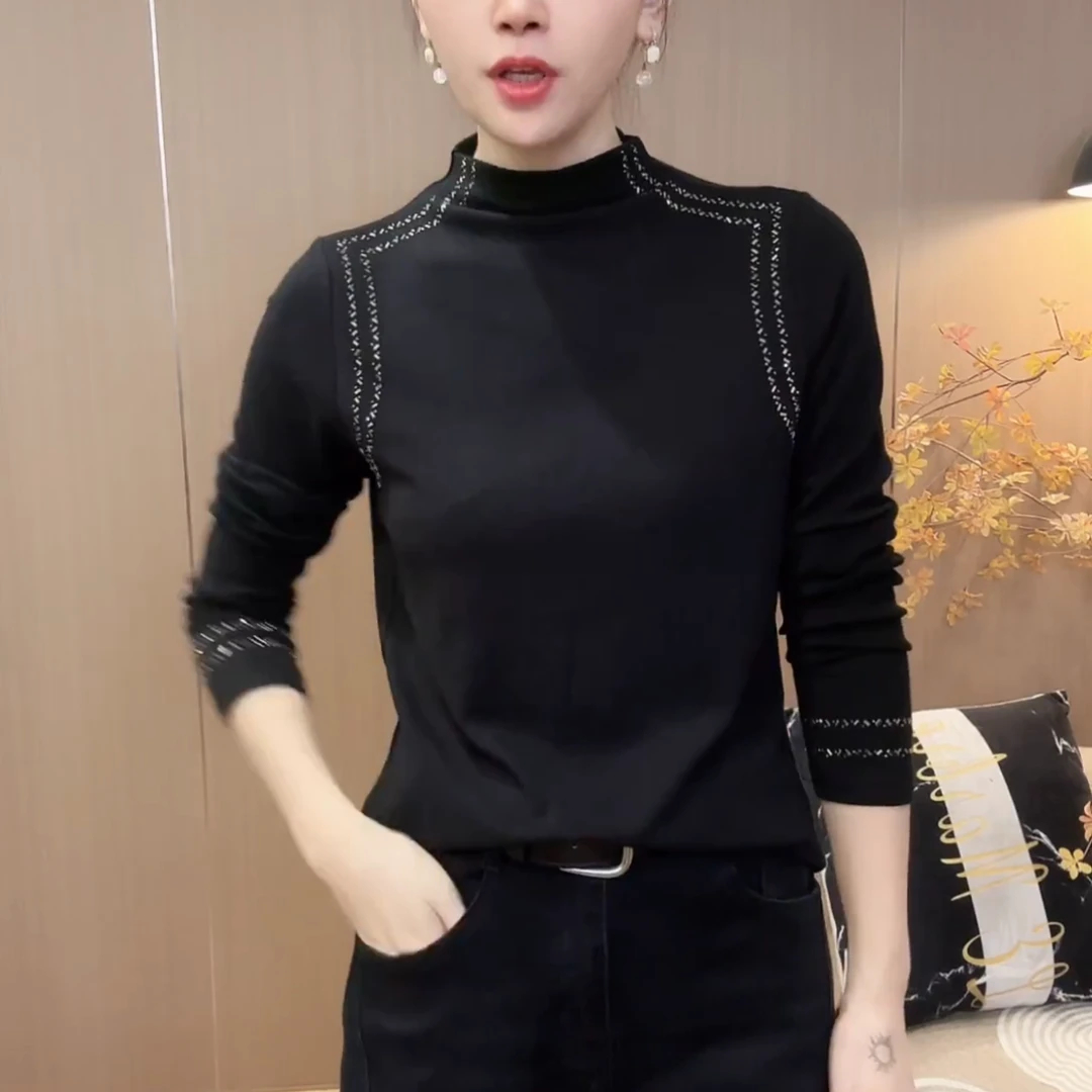 黑色修身型常规简约套头烫钻秋季