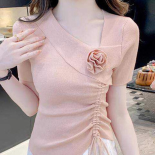 2025新款 胖MM收腰显瘦独特别致百搭女士不规则体恤 甜辣妹夏季 短袖