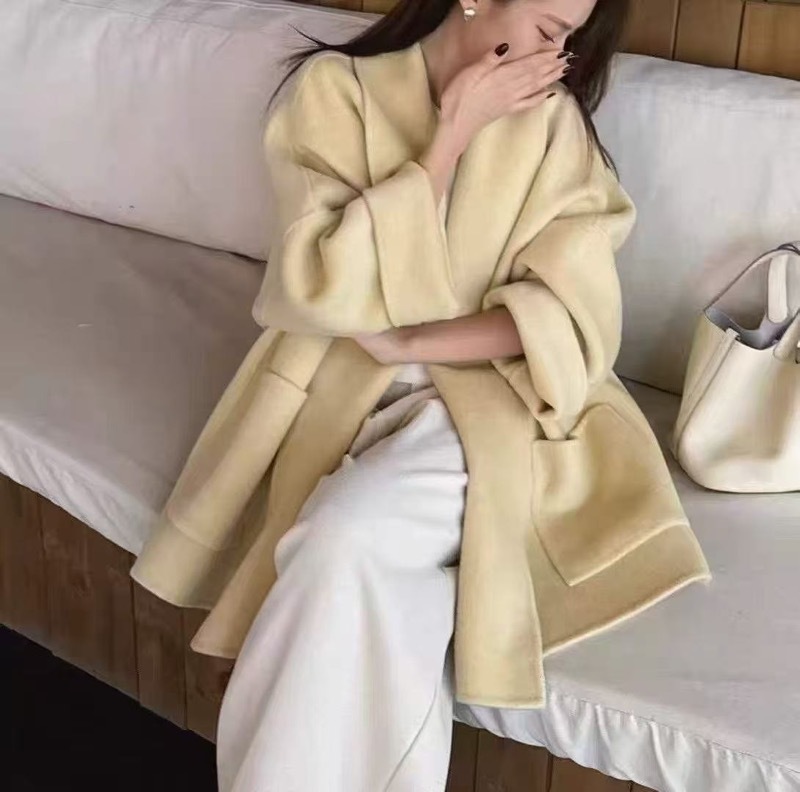 2025秋冬新款双面羊毛大衣中长款宽松系带显瘦小个子毛呢外套