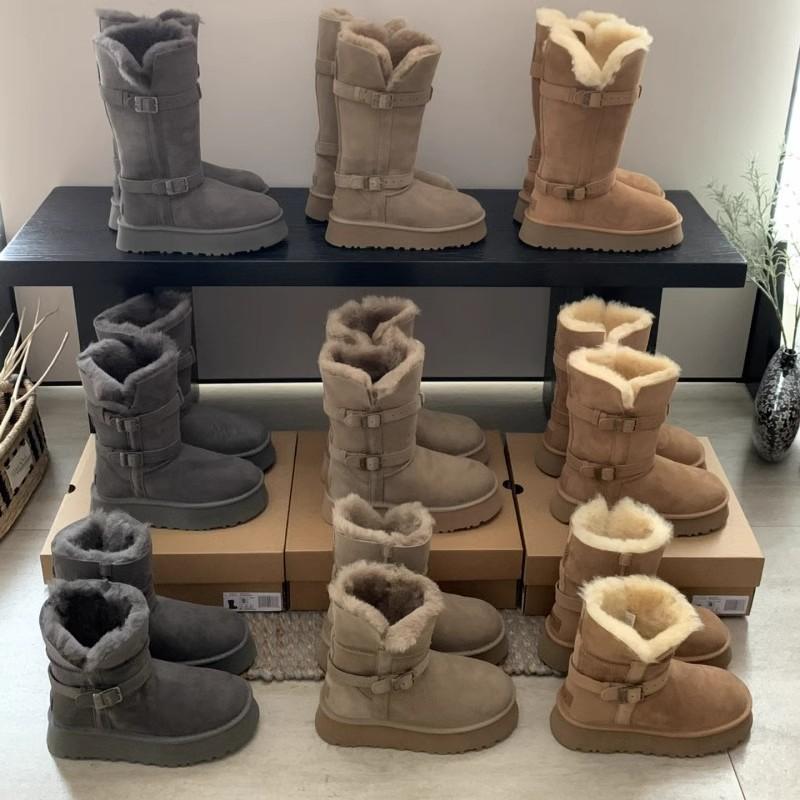 桑坡雪地靴女冬季新款皮扣骑士靴加绒加厚棉鞋羊皮毛一体毛长筒靴