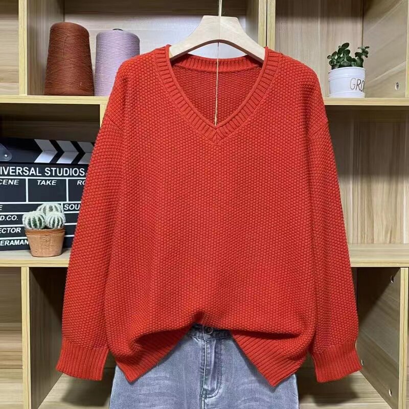 23秋冬纯棉鸡心领针织衫不起球V领毛衣打底大码女休闲慵懒宽松套
