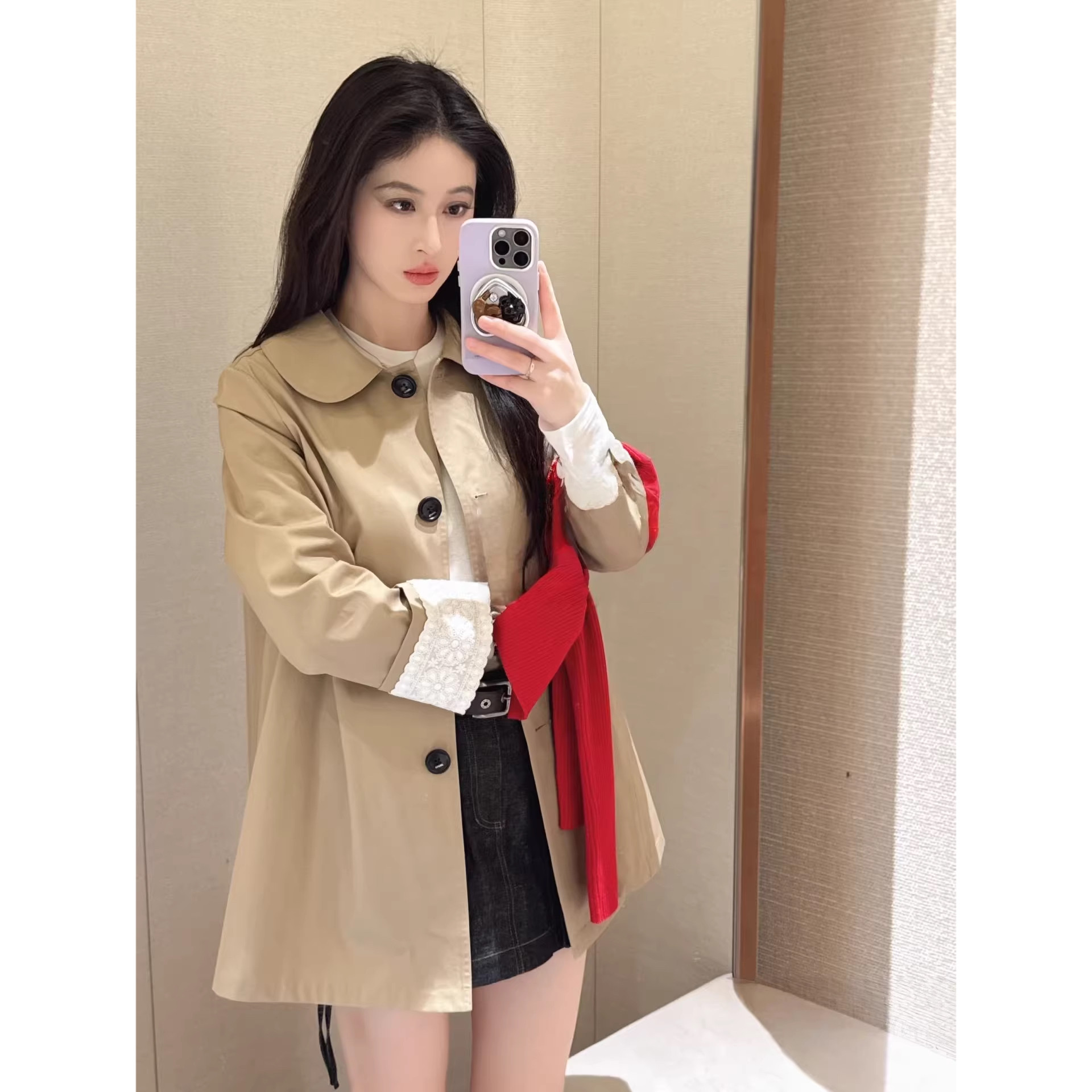 JR 专柜正品 2026春季新款 卡其色彼得潘领蕾丝边风衣女XSJ1F01B