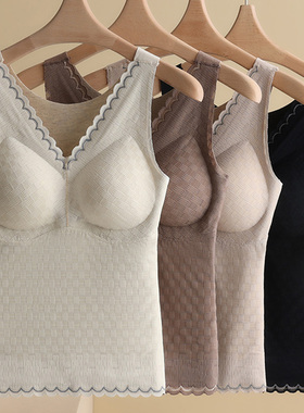 蚕丝羊毛秋冬保暖背心发热内衣V领蕾丝打底衣免穿文胸一体杯90135