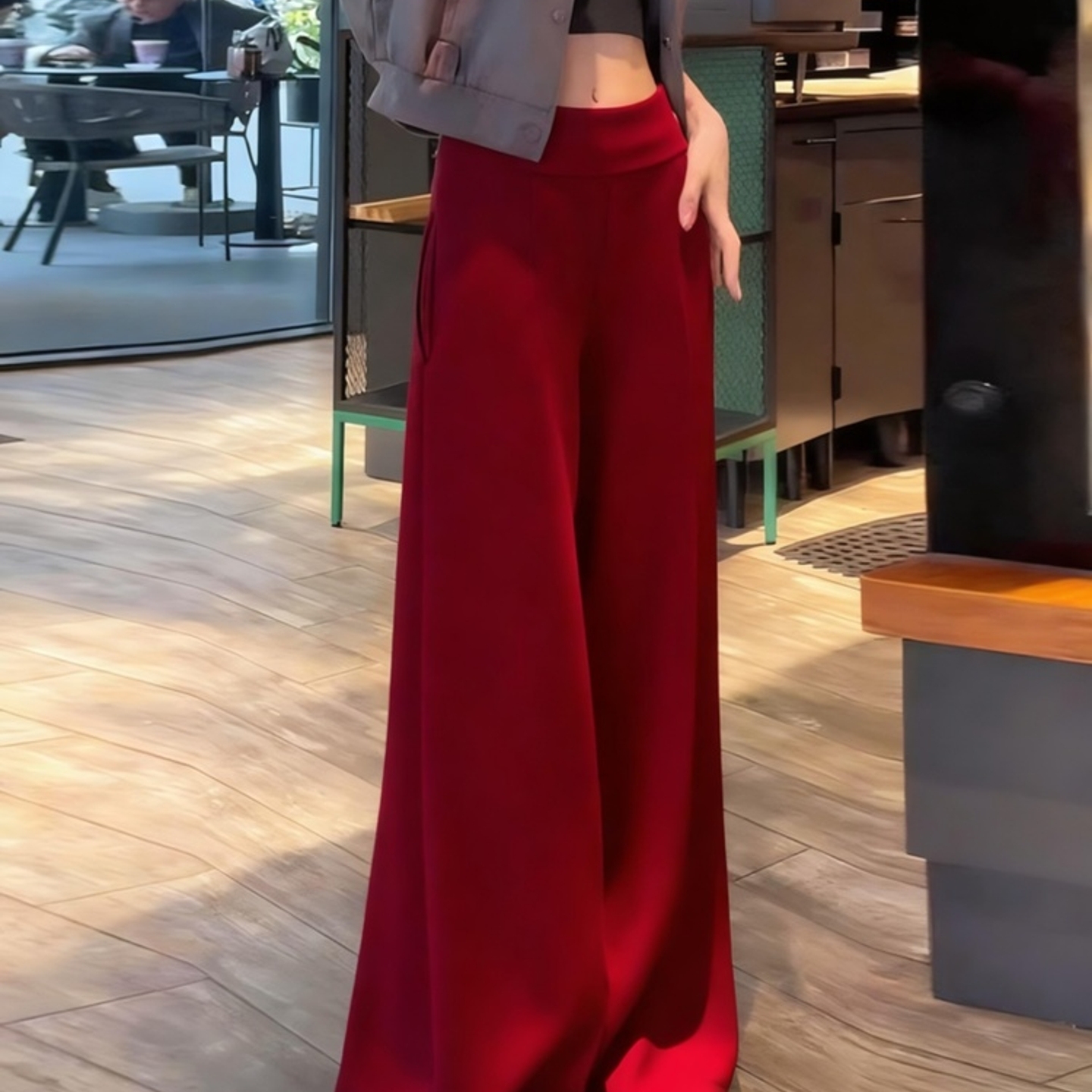 外贸撤回红色加绒阔腿卫裤女秋冬高腰窄版直筒厚裤子美式休闲运动