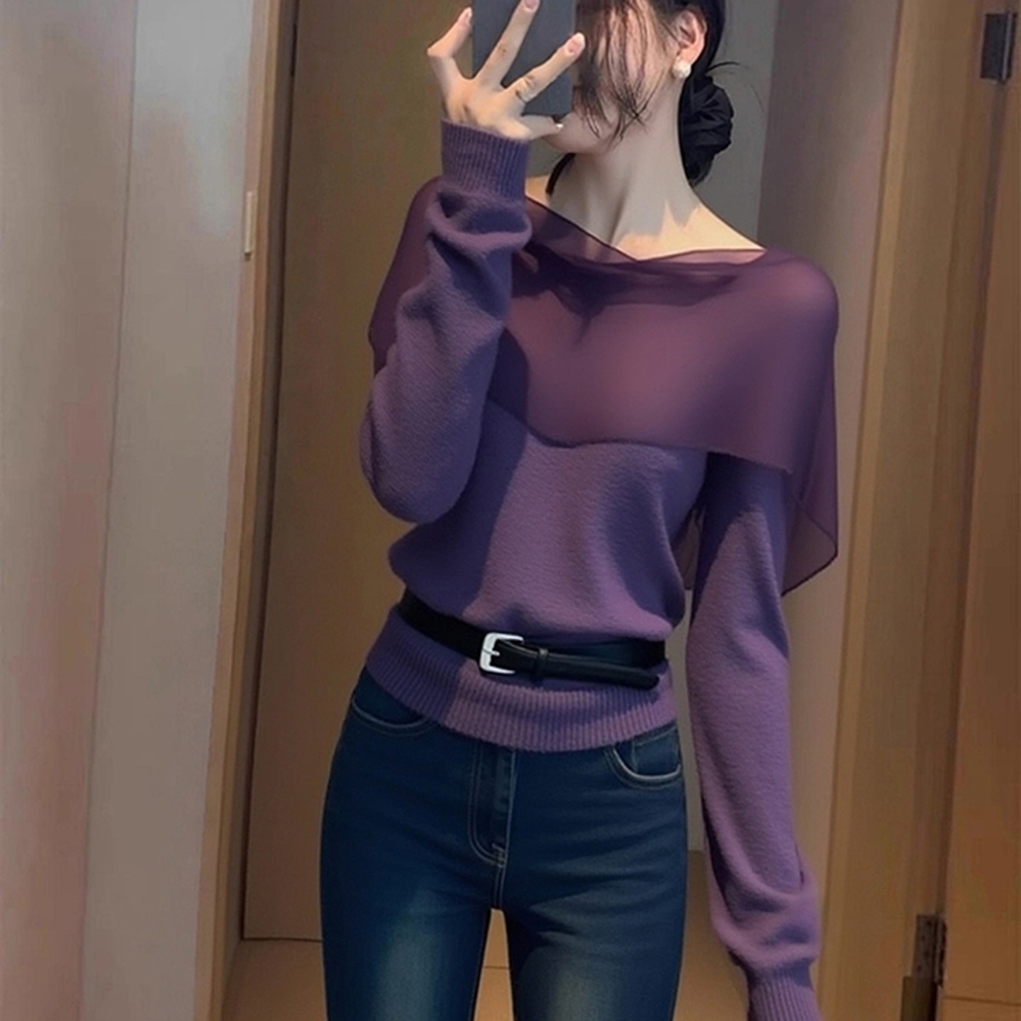 外贸撤回设计感上衣小众不撞款独特漂亮洋气减龄紫色飘带针织衫