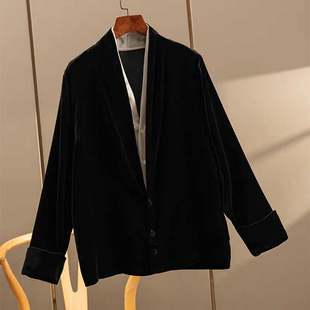 外贸专柜撤回丝绒拼珍珠缎假两件V领外套女黑白撞色西装 上衣秋冬
