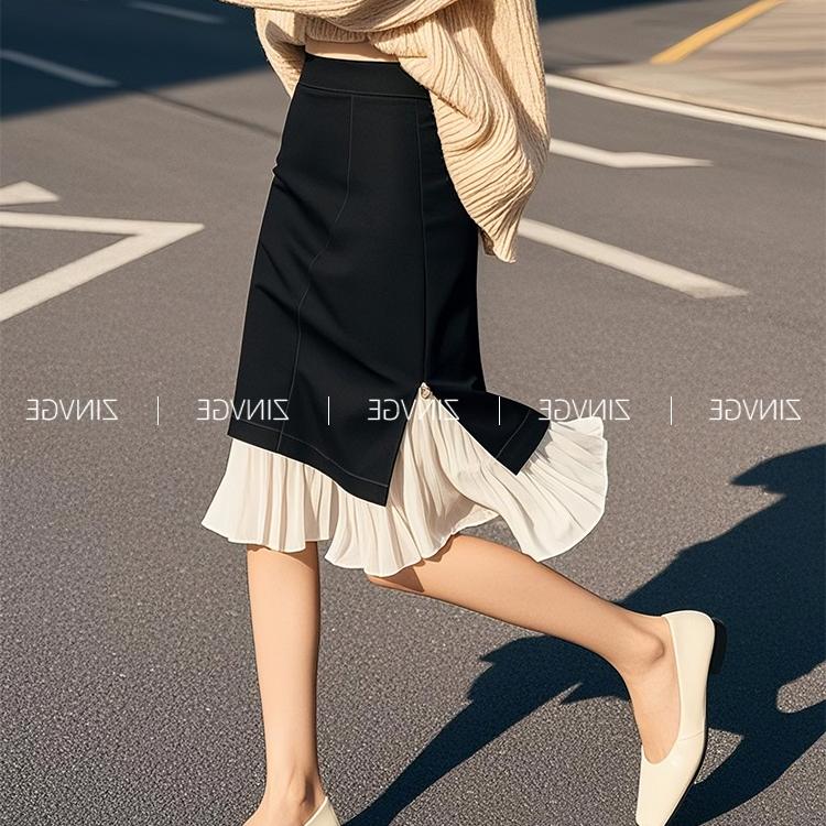 专柜撤回绝美超好看黑色荷叶边拼接半身裙长款女2025新款早春季