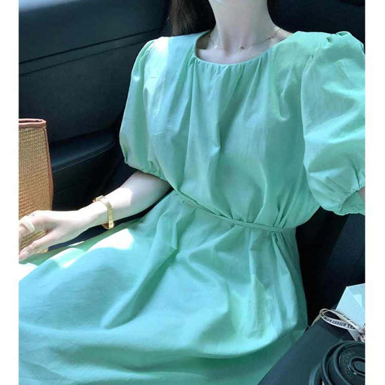 专柜撤回薄荷曼波绿连衣裙2025新款女夏季初恋清纯奶甜收腰裙子