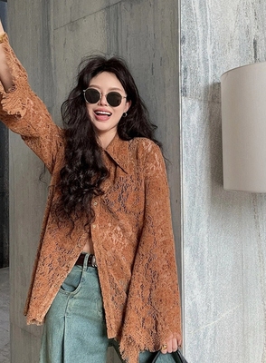 专柜撤回新款秋季温柔高级感超好看蕾丝高端精致百搭咖色衬衫女