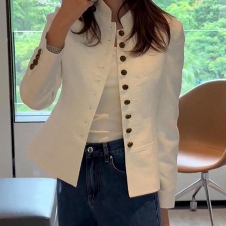 专柜撤回新款通勤简约白色外套女2025秋季设计感立领单排扣老钱风