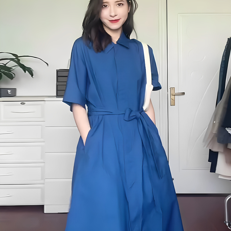 专柜撤回蓝色衬衫连衣裙高级感夏款女装新款御姐气质显瘦休闲裙子