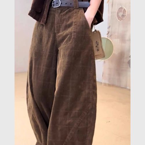 外柜撤回咖色灯芯绒阔腿裤女裤新款时尚气质宽松直筒显瘦休闲裤子
