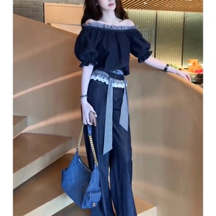 穿搭一整套气质女神范高级感独特绝美一字肩蓝色套装 专柜撤回夏季