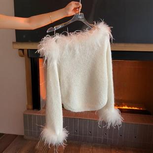 法式 高级感白色一字肩鸵鸟毛毛衣女秋 复古软糯慵懒风奶fufu针织衫