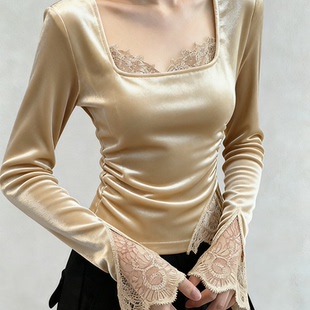 外贸撤回早秋衬衫 女高级感轻奢减龄洋气独特漂亮掐腰杏色丝绒上衣