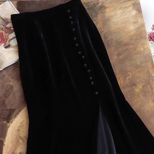 百搭包臀裙 高腰修身 外贸折扣店撤柜时尚 丝绒鱼尾开叉半身裙中长款